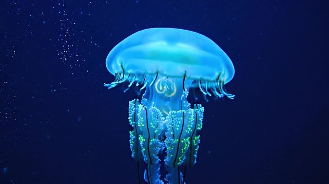 Glowing Jellyfish Floating in Deep Blue Ocean Water &mdash; Bioluminescent Marine Life Video

