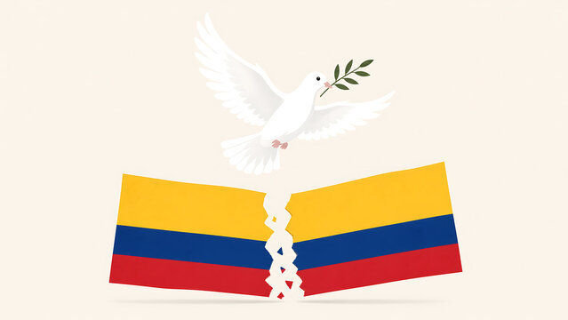 A white dove flying with an olive branch above a torn national flag of Colombia to represent a message of peace reconciliation harmony hope and unity for the nation during times of severe