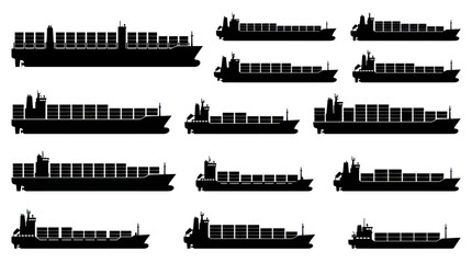 Obraz premium Logistics and Shipping Industry Container Ships Silhouette Vector Set