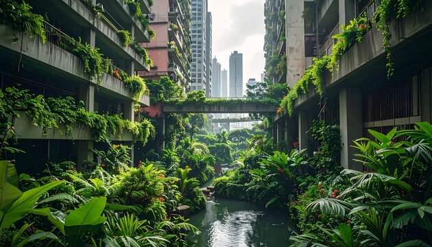 Lush greenery fills a city canal lined with buildings, bridges, and distant skyscrapers on a slightly overcast day