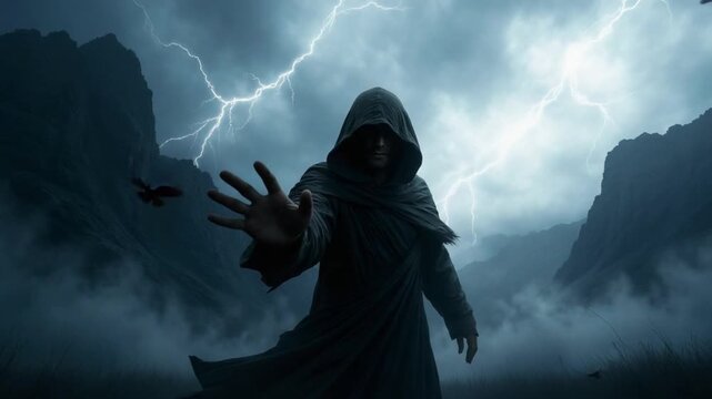 Fantasy Wizard or Sorcerer Character in Dark Cloak During Thunderstorm