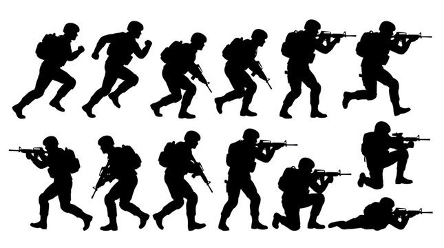 Military Army Combat Soldier Silhouettes with Rifles Vector Set - Running, Kneeling, Prone Poses