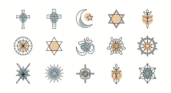 A comprehensive collection of contemporary line art icons symbolizing diverse world religions and spiritual traditions, illustrating global faith and belief systems in a minimalist vector set