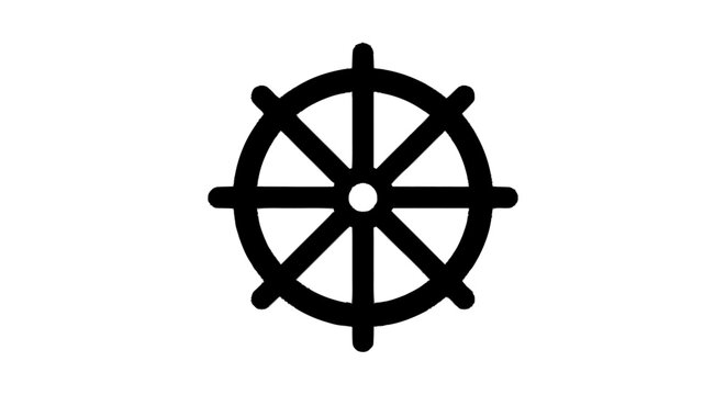 Simple black outline icon representing a spiritual path or journey, featuring a traditional spoked wheel design with eight distinct divisions, perfect for modern graphic design applications