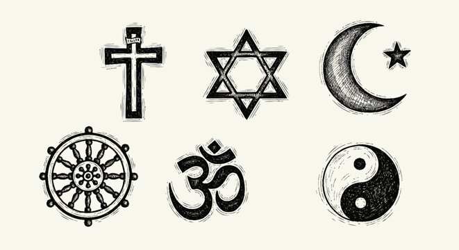 Collection of religious and spiritual symbols including the Christian cross, Star of David, Islamic crescent, Dharma wheel, Om symbol, and Yin Yang emblem
