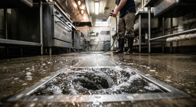 Water vortex draining into professional kitchen floor sink