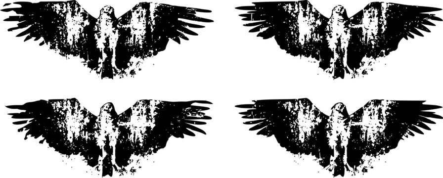 Four black silhouette eagles flying with outstretched wings in symmetrical pattern