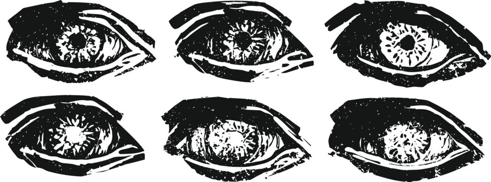 black ink sketch of human eyes with various detailed iris patterns and expressive strokes