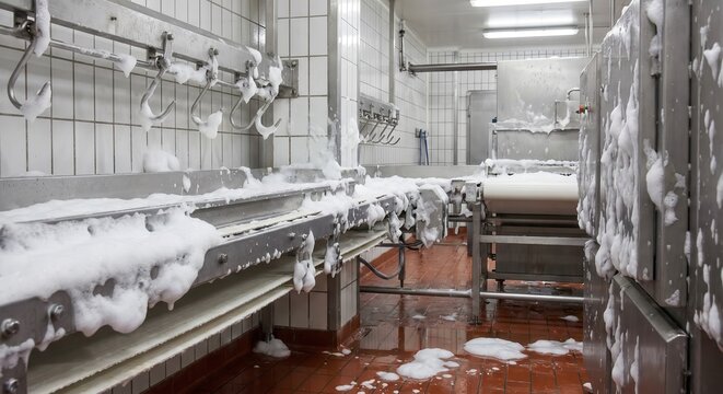 Deep cleaning sanitizing foam in industrial meat processing plant
