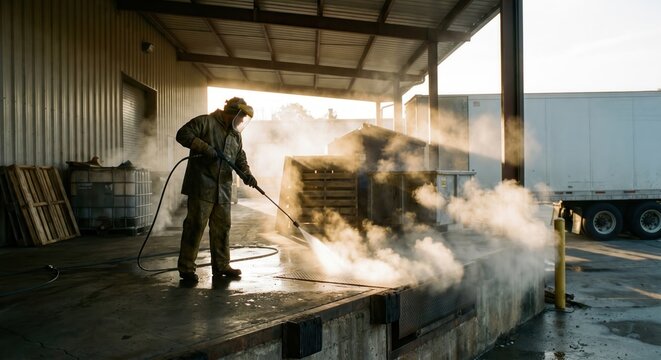 Worker cleaning commercial loading dock with hot steam pressure washer