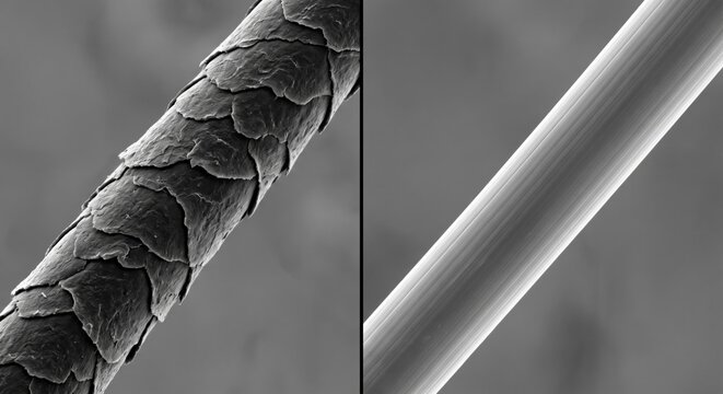 Microscopic comparison of animal wool and synthetic fiber