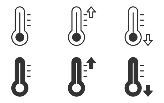 Thermometer icons with temperature increase and decrease arrows in minimalist design.