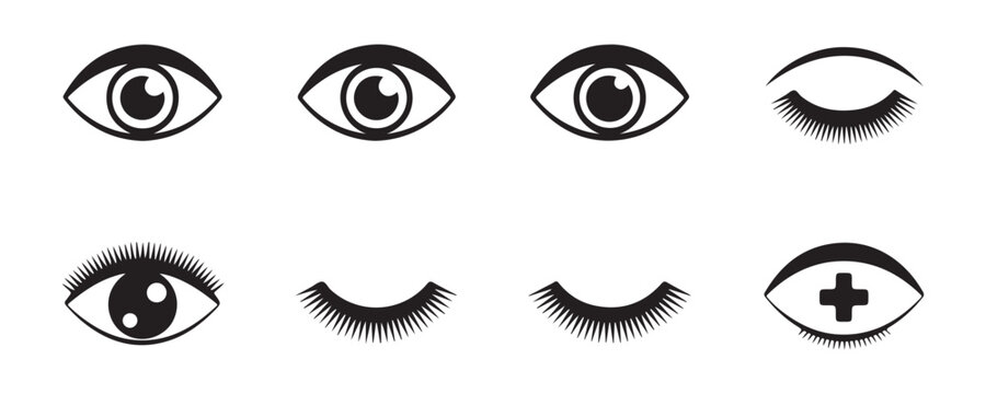 Collection of eye icons in various styles open and closed with eyelashes and medical symbol.