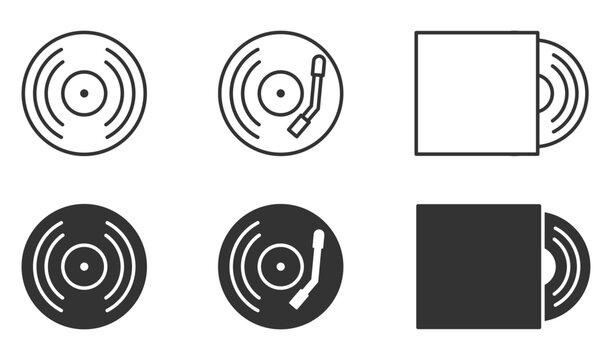Vinyl record icons: collection of simple black and white turntable designs.