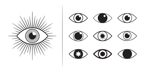Naklejka premium Mystical eye with radiating lines and multiple diverse eye icons on transparent background.