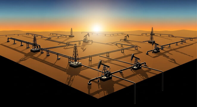 Multiple Oil Pumpjack Field with Pumping Units.