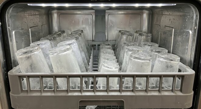 Hard water residue on glasses inside a dishwasher
