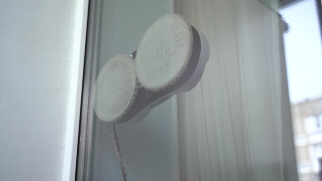 A Close-Up View of Soft Circular Objects Peeking Through a Glass Window, with Drapery in the Background, Highlighting the Interaction of Light and Textures