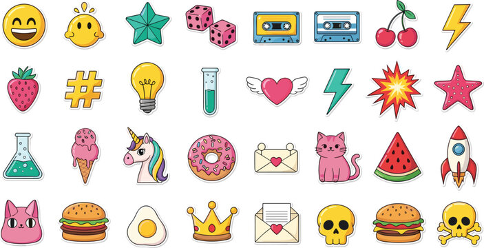 Colorful Emoji Style Mixed Theme Sticker Pack with Unicorn Donut Skull Cat Burger Rocket Strawberry Crown and Fun Cartoon Elements Collection