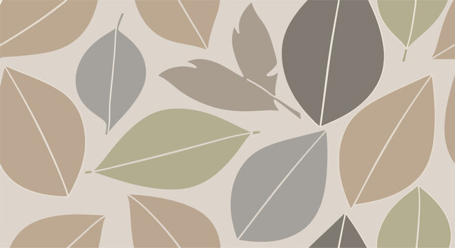 A seamless pattern of various colored leaves on a beige background