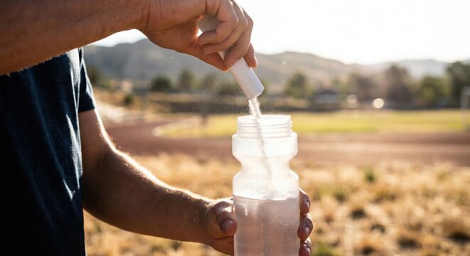 Man pouring electrolyte powder into sports water bottle