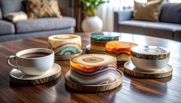 Collection of Polished Agate Stone Slices Displayed on Wooden Coasters