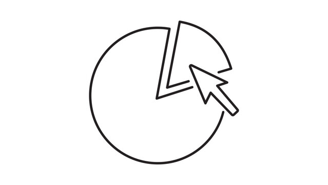 Survey Data Pie Chart Editable Stroke Vector Icon. Minimalist black line illustration of a circular diagram with a separated segment and mouse cursor arrow for business analytics and statistics.