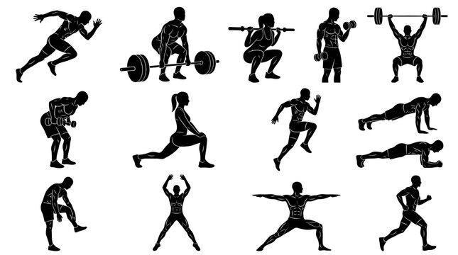 Black and White Fitness Workout Silhouettes Vector Icons Set - Sport and Gym Exercise Poses Collection