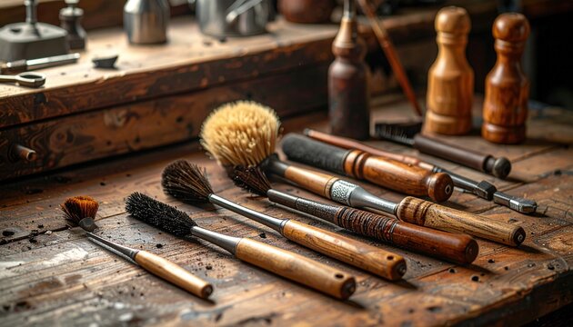 Collection of vintage wood-handled brushes and cleaning tools on a textured workbench