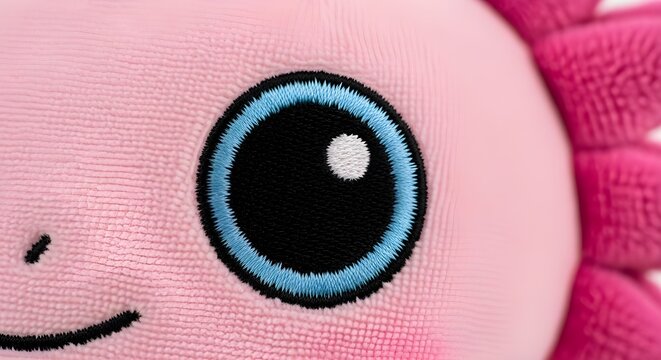 Ultra Macro Embroidered Eye of Pink Axolotl Plush &ndash; Extreme Textile Detail & Soft Bokeh