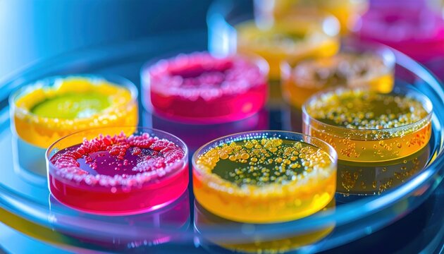 Colorful Bacterial Colonies Growing on Agar in Petri Dishes in a Laboratory Setting