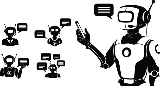 Robots having conversation with speech bubbles and phone isolated on white background, Vector
