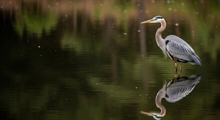 Fototapeta premium Great Blue Heron standing in calm water with reflection, serene nature scene