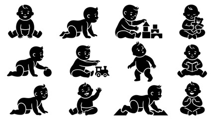 Obraz premium Baby Icons Set Black White Silhouette Various Poses And Activities