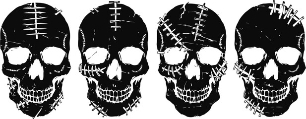 Fototapeta premium Four black skulls with stitched scars and stitches, horror tattoo design elements, spooky halloween concept