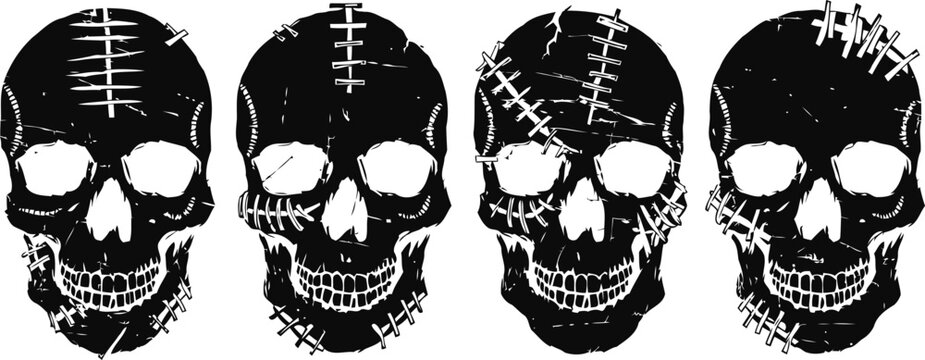 Four black skulls with stitched scars and stitches, horror tattoo design elements, spooky halloween concept