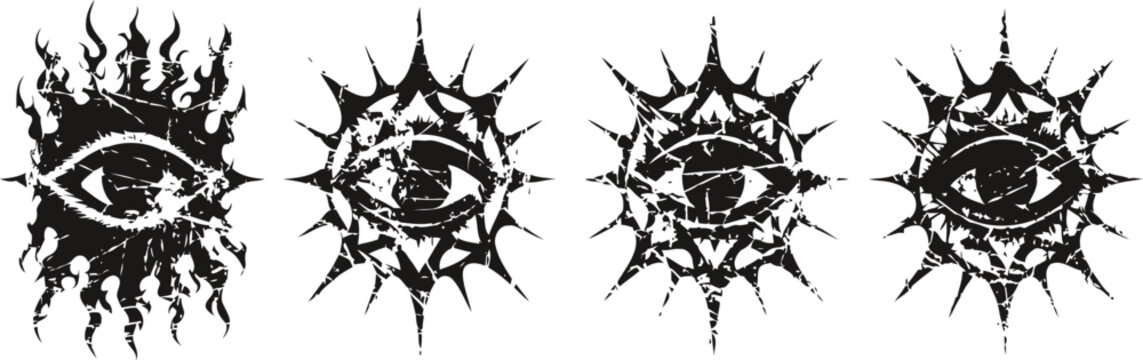 set of tribal sun eye symbols abstract black ink inkblot designs with eyes and rays