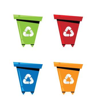 A Funny Cartoon Recycable Trash Bin Different Colors. Sorting garbage and keeping the planet clean vector art
