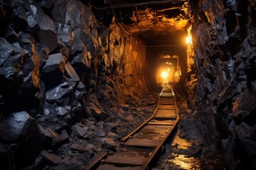 Fototapeta premium Mining carts transporting minerals travel on rails leading towards the illuminated exit of a dark underground tunnel
