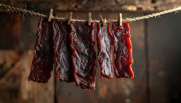 Dark Brown Beef Jerky Strips Hanging to Dry on a Rope with Wooden Clothespins, Rustic Outdoor Setting