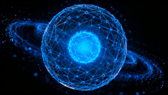 Dynamic glowing blue network sphere representing digital data, artificial intelligence, and global interconnected technology in a futuristic abstract scientific visualization