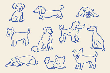 Plakat Dog breeds set naive blue sketch vector illustration