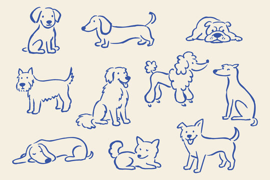 Dog breeds set naive blue sketch vector illustration