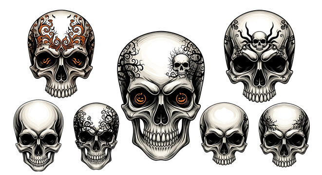 Seven skulls with various designs including spider, bats, and swirls on a white background ai generated