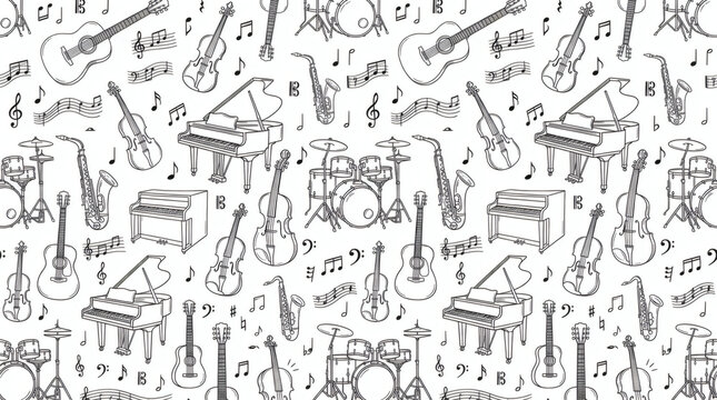Seamless pattern of hand drawn musical instruments in minimal line art style. Acoustic guitars, violins, saxophones, pianos, drums and music notes arranged in clean balanced composition, monochrome 