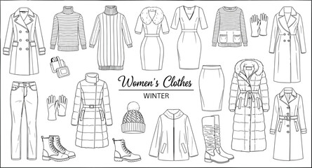 Women's Winter Clothing Outline Illustration Set with Trench Coat Sweater Dress Skirt Puffer Jacket Boots Gloves and Cold Weather Wardrobe Collection © MdJillur