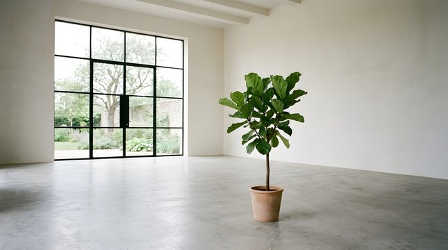 Large Potted Fiddle Leaf Fig Tree in Terracotta Pot Standing in Sunlit Minimalist Studio with Black Steel Frame Windows Overlooking Garden and Polished Concrete Flooring