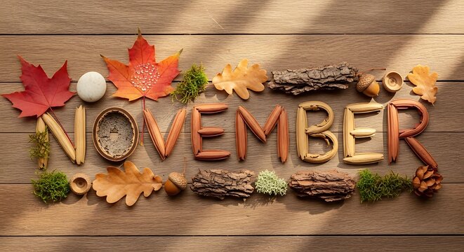 November displayed with autumnal elements on a wooden surface
