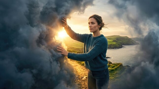 Woman pushing dense emotional cloud, revealing clear mental state, finding inner calm, embracing psychological balance, seeking brighter future on coastal path.