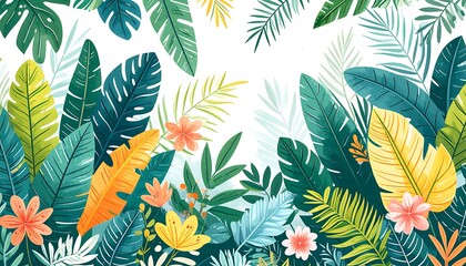 Naklejka premium Lush, illustrated tropical foliage with a vibrant mix of green, orange, and yellow plants on a white background